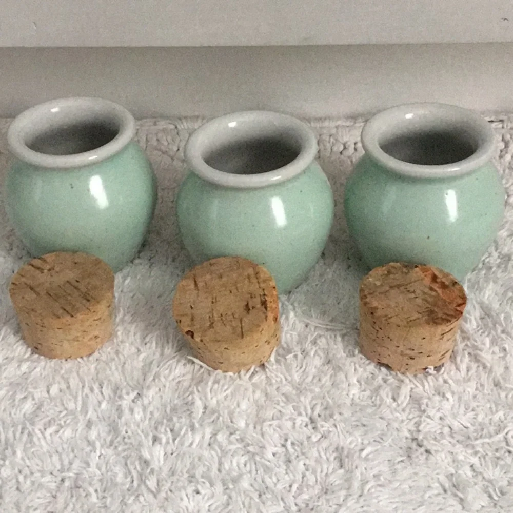 PENTIK FINLAND Set of Three Cork Lid Spice Jars Light Turquoise color.